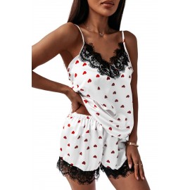 White Lacy V Neck Valentine Heart Print Pajamas Set