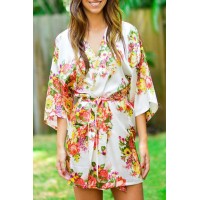 White Floral Bundles Robe with Belt