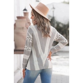 Gray Animal Print Accent V Neck Sweater